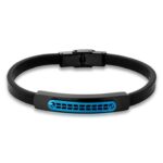 Pulseira masculina couro aço negro com chapa azul